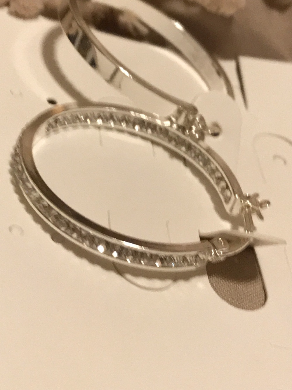 Silver Tone Textured Hoop Earrings - with inside / outside Rhinestones - Picture 3 of 3